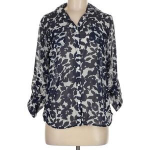 Madison Paige Semi Sheer Collared Navy Floral Button Down Blouse